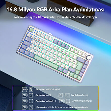 Aula F75 Mekanik RGB TKL GrayWood V4 Switch Kablosuz Makrolu Hot Swap Türkçe Q Klavye Pastel