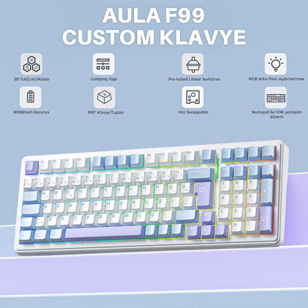 Aula F99 Mekanik RGB GrayWood V4 Switch 3 Modlu Kablosuz Makrolu Hot Swap Türkçe Q Klavye Mavi