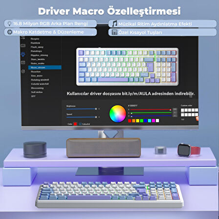 Aula F99 Mekanik RGB GrayWood V4 Switch 3 Modlu Kablosuz Makrolu Hot Swap Türkçe Q Klavye Mavi