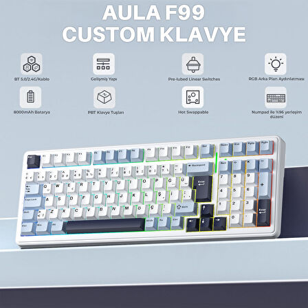 Aula F99 Mekanik RGB GrayWood V4 Switch 3 Modlu Kablosuz Makrolu Hot Swap Türkçe Q Klavye Lacivert