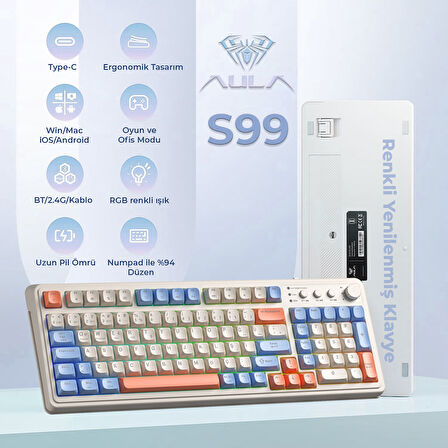 Aula S99 Retro RGB Gaming 3 Modlu Bluetooth/2.4GHz/USB-C Kablosuz Makrolu Türkçe Q Klavye Turuncu