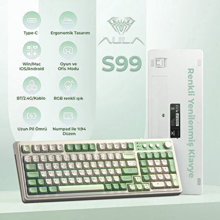 Aula S99 Retro RGB Gaming 3 Modlu Bluetooth/2.4GHz/USB-C Kablosuz Makrolu Türkçe Q Klavye Yeşil