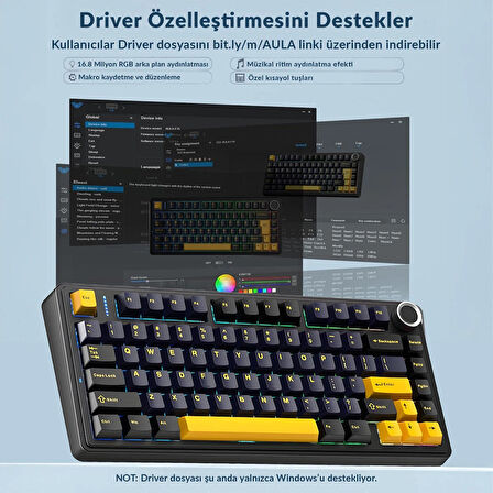 Aula F75 Mekanik RGB TKL Reaper Switch Kablosuz Makrolu Hot Swap Klavye Siyah