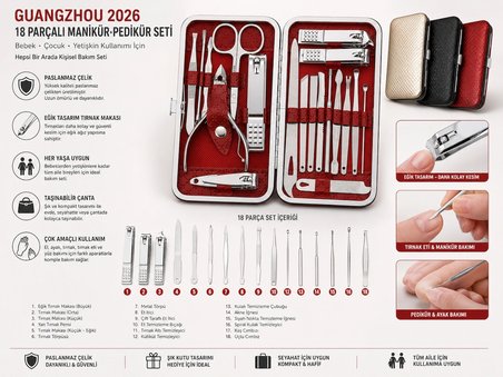 # GUANGZHOU 2026 18 Parçalı Paslanmaz Çelik Manikür & Pedikür Seti – Eğik Tasarım Tırnak Makaslı, Bebek, Çocuk ve Yetişkinler İçin | **KIRMIZI**