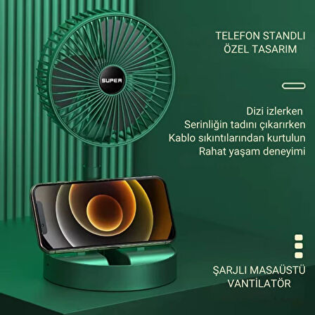 Coofbe Teleskopic 1200Mah Şarjlı 3 Hız Modlu Masaüstü Vantilatör Fan Ev Ofis Masaüstü Vantilatör Fan