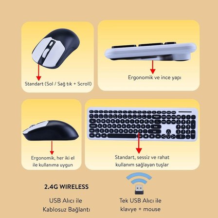 Soft Touch Kablosuz Klavye Mouse Set Siyah + Beyaz Renk