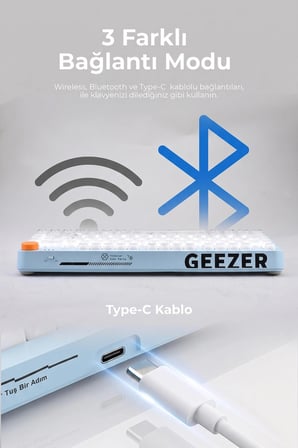 Geezer Crystal Kablolu/Kablosuz BT Wireless Bağlantı Türkçe Q Klavye Mavi-Beyaz SK-710CTM