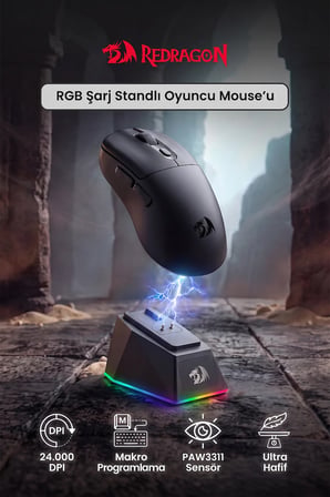 Redragon 3 Modlu Ultra Hafif PAW3311 24.000DPI Şarj İstasyonuna Sahip Oyuncu Mouse M998