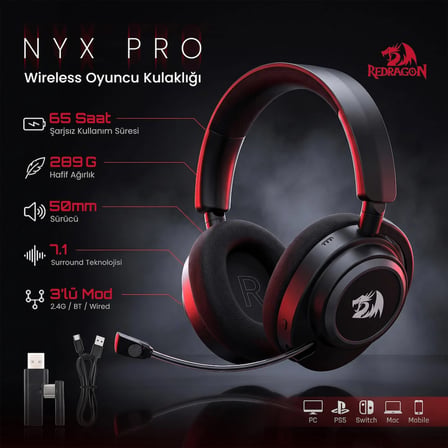 Redragon BT-2.4G-Wired 7.1 Sound ANC Kablosuz Oyuncu Kulaklık H891