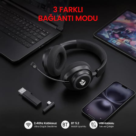Redragon BT-2.4G-Wired 7.1 Sound ANC Kablosuz Oyuncu Kulaklık H891
