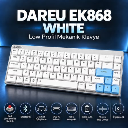 DAREU EK868 White %65 Red Low-Profile Switch Bluetooth İngilizce Mekanik Gaming Klavye