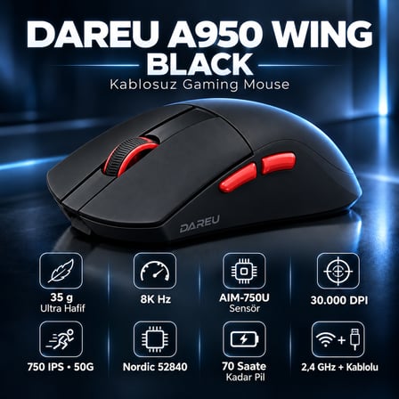 DAREU A950 WING Black 8K Hz AIM-750U Sensör Kablosuz Gaming Mouse
