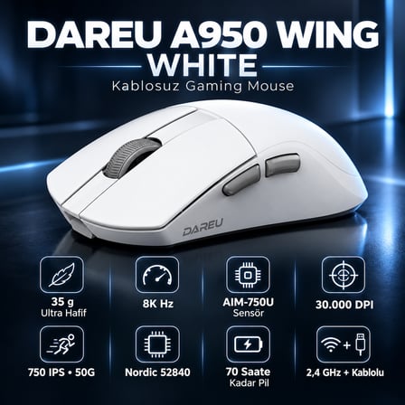 DAREU A950 WING White 8K Hz AIM-750U Sensör Kablosuz Gaming Mouse