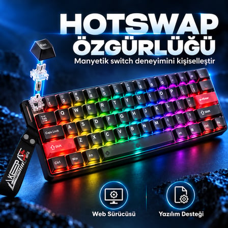 DAREU COOL 60 Black-clear %60 ICE Blade Manyetik Switch 8K Hz Hall Effect Hotswap RGB İngilizce Mekanik Gaming Klavye