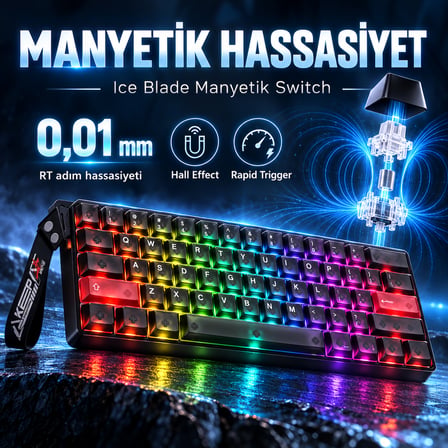 DAREU COOL 60 Black-clear %60 ICE Blade Manyetik Switch 8K Hz Hall Effect Hotswap RGB İngilizce Mekanik Gaming Klavye