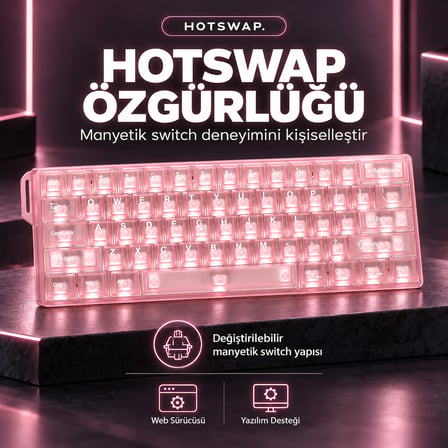 DAREU COOL 60 Pink-clear %60 ICE Blade Manyetik Switch 8K Hz Hall Effect Hotswap RGB İngilizce Mekanik Gaming Klavye