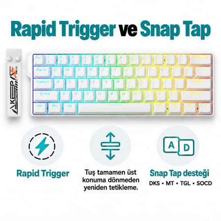 DAREU EK60 HE White %60 YULONG Manyetik Switch 8K Hz Hall Effect Hotswap RGB İngilizce Mekanik Gaming Klavye
