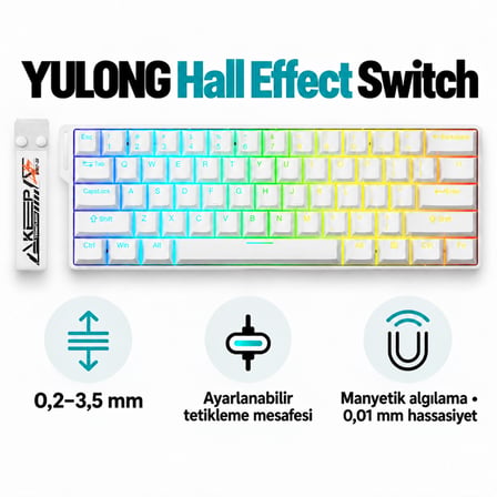 DAREU EK60 HE White %60 YULONG Manyetik Switch 8K Hz Hall Effect Hotswap RGB İngilizce Mekanik Gaming Klavye
