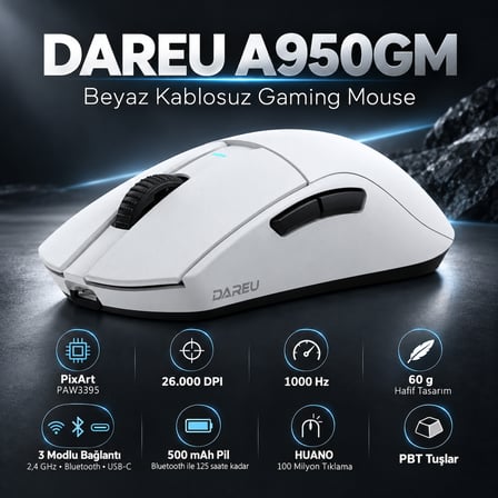 DAREU A950GM White PixArt 3395 Sensör Kablosuz Gaming Mouse