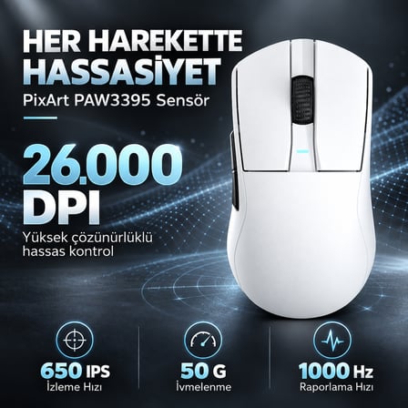 DAREU A950GM White PixArt 3395 Sensör Kablosuz Gaming Mouse