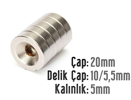 Neodyum Mıknatıs Yuvarlak Havşalı Çap 20mm (delik 10/5.5mm) Kalınlık 5mm 2 Adet