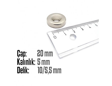 Neodyum Mıknatıs Yuvarlak Havşalı Çap 20mm (delik 10/5.5mm) Kalınlık 5mm 2 Adet