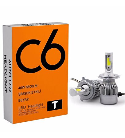 C6 LED XENON 2 Adet H4 Uzun Kısa Led Xenon 46W 8600LM 6500K Far Ampülü Led Işık T-T