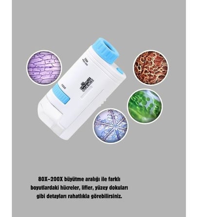 Azemax Taşınabilir Taşınabilir Mini Mikroskop LED Işıklı 80X–200X Büyü
