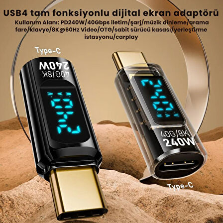 Coofbe Dijital Ekranlı 40Gpbs 240W Type-C to Type-C Dönüştürücü 8K 60Hz Type-C HDMİ Şarj Data HDMİ Çevirici