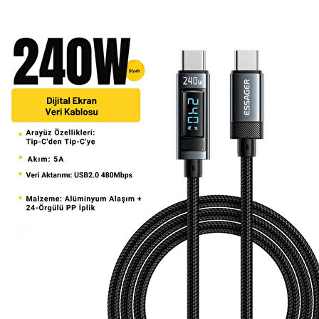 Essager Şarj Akım Korumalı Göstergeli 1MT PD 240W Type C Şarj Kablosu 480Mbps Macbook Laptop Şarj Kablosu
