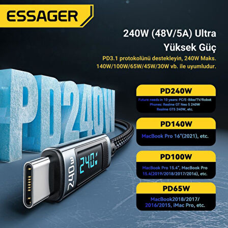 Essager Şarj Akım Korumalı Göstergeli 1MT PD 240W Type C Şarj Kablosu 480Mbps Macbook Laptop Şarj Kablosu
