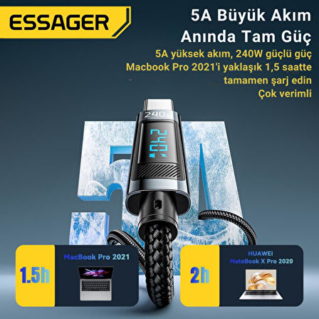 Essager Şarj Akım Korumalı Göstergeli 1MT PD 240W Type C Şarj Kablosu 480Mbps Macbook Laptop Şarj Kablosu