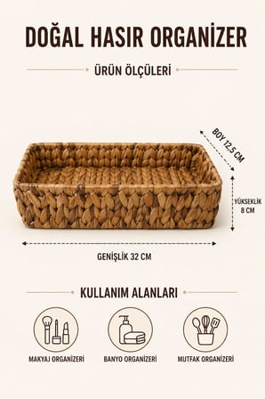 Doğal Hasır Dikdörtgen Organizer Sepet Çok Amaçlı Düzenleyici Banyo,Mutfak,Makyaj Düzeni