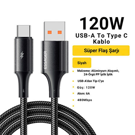 Essager 6A 120W 2MT USB to Type C Şarj Kablosu 480Mbps Şarj Akım Korumalı Süper Flash Şarj Kopmaz Kablo