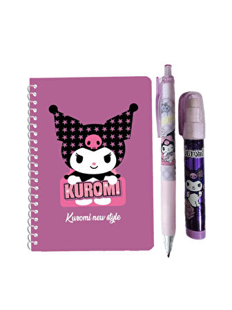 Kuromi Not Defteri + 07 Versatil Kalem + Yumurtlayan Roket Silgi ( 3 Parça ) Kromi