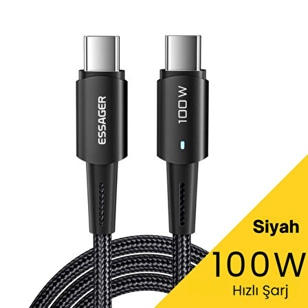 Essager Led Işıklı 2Metre 5A 100W Type C To Type C Şarj Kablosu Örgü Kopmaz Kablo Şarj Akım Koruma