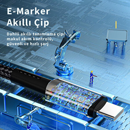 Essager Led Işıklı 2Metre 5A 100W Type C To Type C Şarj Kablosu Örgü Kopmaz Kablo Şarj Akım Koruma