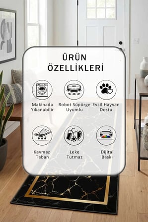 Yıkanabilir Kaymaz Siyah Gold Mermer Dijital Baskılı Yolluk Halı Tüy Tutmaz