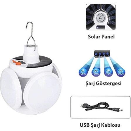 Solar Güneş Enerji Ve Usb Sarjlı 5 Kanatlı Bahçe Aydınlatma Led Askılı Pratik Kamp Lamba