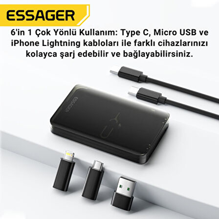 Essager 6in1 60W Type-C To Usb Lightning  Dönüştürücü Şarj Kablosu Seyahat Şarj Seti Sim Kart Aparatı