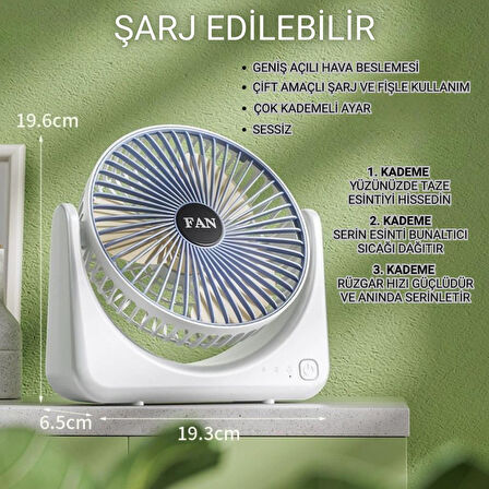 Coofbe Taşınabilir 3 Kademeli 1200Mah Şarjlı Masaüstü Vantilatör Fan Ev Ofis Masaüstü Vantilatör