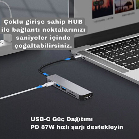Coofbe Akım Korumalı 87W 6in1 Type-c To 4K HDMİ USB3.0 Sd Tf Dönüştürücü Hub Type-C Usb Dönüştürücü