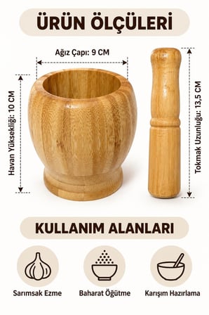 Doğal Bambu Ahşap Sarımsak Ezeceği Havan - Baharat Ezeceği