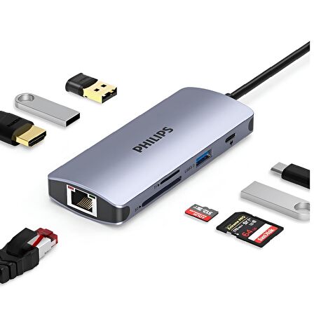 Philips SWR1608S Type-C to HDMI RJ45 Ethernet 3*USB 3.0 PD TF SD Kart Okuyucu Dönüştürücü