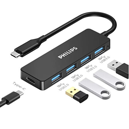 Philips SWR1603G/93 Siyah 20 Cm Kablolu Type-C To 4xUSB 3.0 Çoklayıcı Çevirici Dönüştürücü
