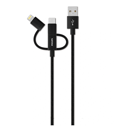 Philips DLC2608BK 1.2 Metre Örme 3in1 Lightning&Micro Usb&Type-C Kablo, Siyah