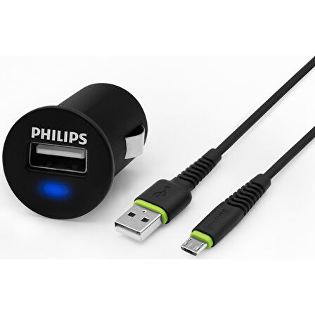 Philips USB Araç Şarj Cihazı 2.1A + Micro USB Şarj Kablosu 1.2 mt