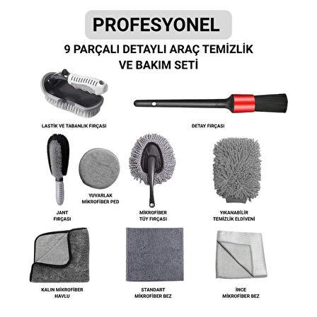 Coofbe Profesyonel 9 Parça Çizmez Mikrofiber Oto Yıkama Seti Jant Temizleme Fırçası Mikrofiber Bez Yıkama Eldiveni Set