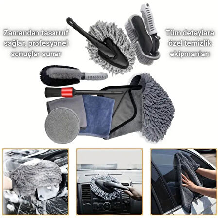Coofbe Profesyonel 9 Parça Çizmez Mikrofiber Oto Yıkama Seti Jant Temizleme Fırçası Mikrofiber Bez Yıkama Eldiveni Set