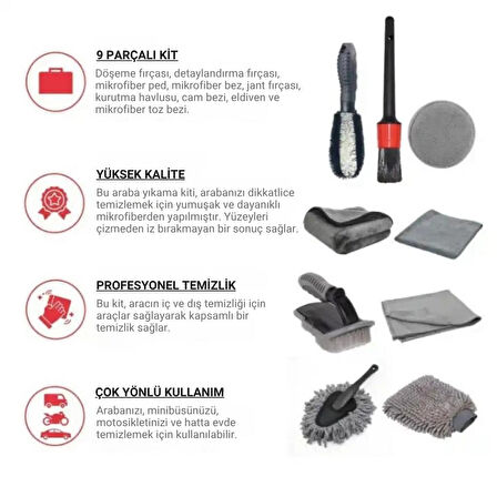 Coofbe Profesyonel 9 Parça Çizmez Mikrofiber Oto Yıkama Seti Jant Temizleme Fırçası Mikrofiber Bez Yıkama Eldiveni Set